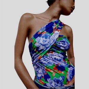 ZARA Bright Floral Vacation Vibes Asymmetrical Bodysuit